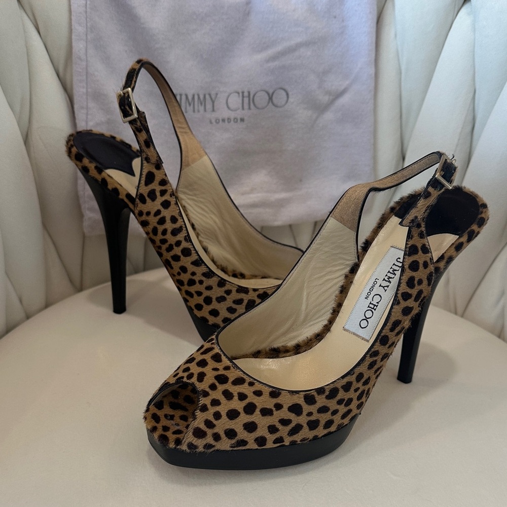 *****AUTHENTIC****Jimmy Choo Cheetah Print Peep-Toe Heels made with pony hair